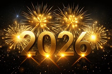 Golden fireworks exploding behind shiny 2026 text on black background