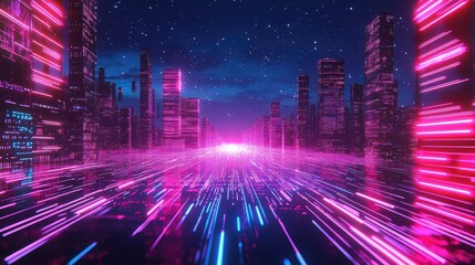 Futuristic urban landscape displaying a vibrant night scene with towering cyberpunk buildings and a luminous path of fast moving data streams under a starry sky, representing connection and speed