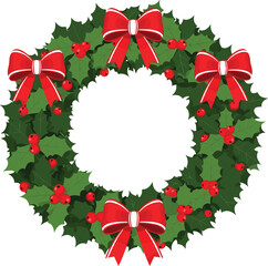Christmas Wreath Illustration , Festive Holiday Door Decoration with Holly, Berries and Red Ribbon Vector