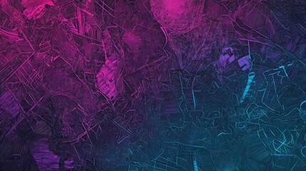 Abstract textured background features a gradient blend of vibrant pink and blue neon colors, showcasing a pattern of intricate fractured lines and cracked elements