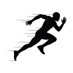 Black silhouette of a runner in motion with speed lines running white background