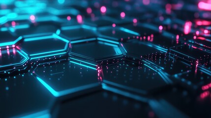Digital data streaming across a dark futuristic surface. Forming an abstract hexagonal grid illuminated by glowing blue lines and energetic pink dots. Representing advanced technology and connectivity