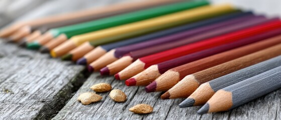 Colored pencils arranged in vibrant order on a rustic table, creating a visually appealing scene with ample copy space for creative projects