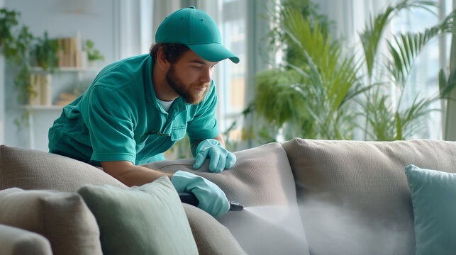 Technician deodorizing smoke-affected furniture. A worker treats a sofa with deodorizing spray, targeting smoke odors. The scene suggests comfort returning to the home environment.