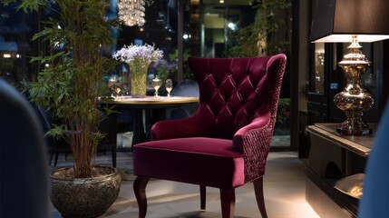 Luxury velvet upholstered chair in elegant dining room setting with rich colors