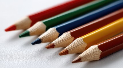 Fototapeta premium Close-up view of colorful pencils arranged neatly on a white background, perfect for creative projects and educational materials