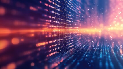 Digital binary code and glowing particles illuminate a dynamic, abstract data stream, representing concepts of big data, network communication, artificial intelligence, and global technology