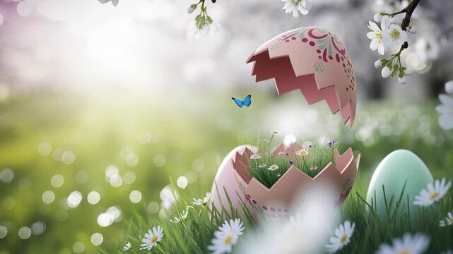 Decorated Easter egg cracks open in fresh grass with daisies and spring blossoms, soft sunlight and bokeh form a calm seasonal backdrop, with empty space on the left available for text or graphic
