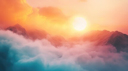 Sun casts warm light over majestic mountain ranges piercing through a vast expanse of ethereal clouds, creating a dramatic and serene natural landscape during sunrise or sunset