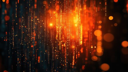 Digital streams of glowing binary and particles cascade downward, forming a futuristic network of light that evokes high speed data flow, cybersecurity, ai, and big data processing