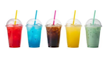 Colorful Drinks in Cups with Straws on Transparent Background