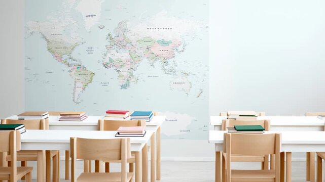 Modern classroom with world map and books on desks for educational inspiration