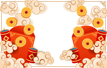 Traditional red envelopes with gold coins isolated on transparent background