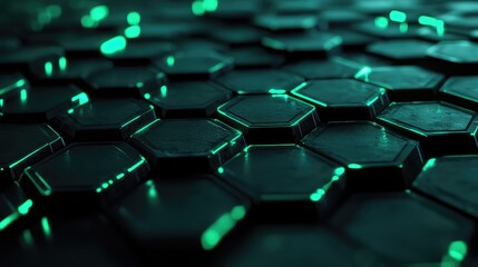 Futuristic hexagonal pattern illuminating with vibrant neon green light, representing complex data processing, interconnected networks, artificial intelligence, and digital innovation