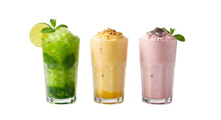 Colorful Smoothies in Tall Glasses with Fresh Toppings Isolated on transparent background