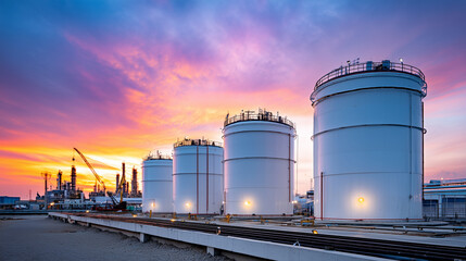 Fototapeta premium Massive cylindrical industrial storage tanks at oil refinery facility during blue hour twilight, large petroleum containers silhouetted against colorful gradient sky, fuel storage