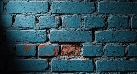 Fototapeta premium Old Blue Brick Wall with Weathered Paint Showing Signs of Age Texture Background Interior Backdrop Grunge Stonewall Vintage Surface Damaged Building Material Unique Brickwork Design