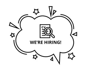 Chat bubble with the text “We’re Hiring!” symbolizing recruitment, job opportunities, and hiring announcements. Ideal for HR, career, employment and business communication concepts.