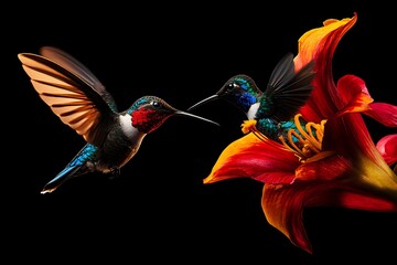 Naklejka premium Two hummingbirds hovering near a vibrant orange flower one with blue green and red plumage the other with blue green and white plumage black background