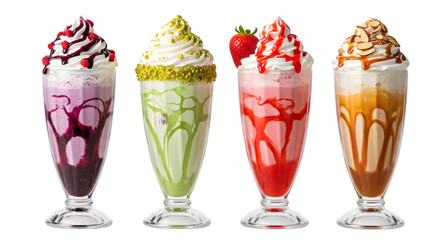 Delicious Milkshakes in Assorted Flavors with Toppings Isolated on transparent background