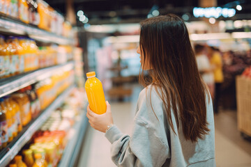 back view of young woman looking at bottle of juice in grocery store
