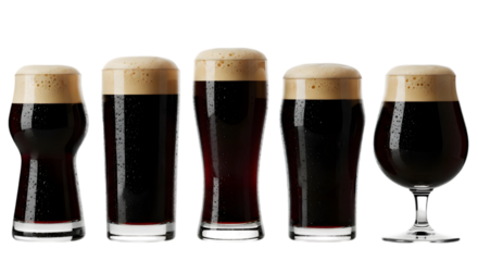 Five Glasses of Dark Beer on Transparent Background