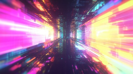 Abstract digital data streams swiftly through a vibrant, illuminated network tunnel, representing concepts of high speed connection, virtual reality, and advanced technology