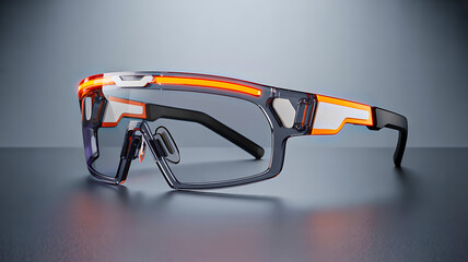 Futuristic smart safety glasses with black frame, orange accents, and clear lenses on dark gradient background