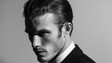 A classic men's hairstyle with hair neatly slicked back and an elegant styling style.