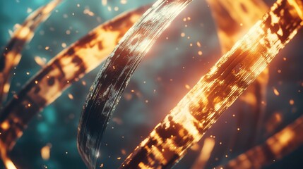 Abstract glowing ribbons feature a helix pattern with organic textures and energetic particles, creating a dynamic visual representing data, energy, and digital connection
