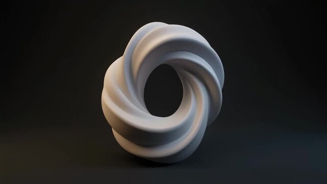 Abstract white wavy toroidal shape rotating slowly on a dark background. Organic and minimalist 3D animation, clean geometric design.