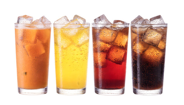 Four Colored Soda Drinks with Ice Cubes in Glasses Isolated on transparent background