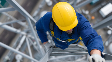 Faceless worker climbing vertical metal ladder on tall industrial tower structure, elevated perspective view, safety harness and protective equipment visible, defocused plant machi