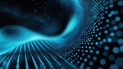 Blue particle wave forming a glowing, dynamic data stream that visualizes network connectivity, information flow, and futuristic digital infrastructure in a high tech background