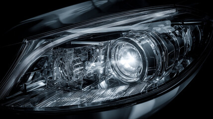 Close-up of advanced bi-LED car headlights with details of the internal projector structure.