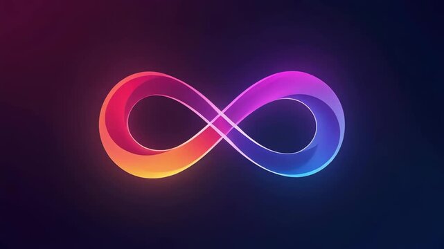 Vibrant gradient infinity symbol in orange, pink, and blue, glowing on a dark background. Abstract concept of limitless energy and creativity.