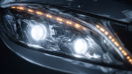 Close-up of advanced bi-LED car headlights with details of the internal projector structure.
