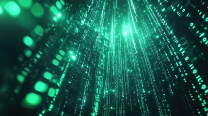 Green binary code and data lines are flowing downwards, creating an abstract tunnel representing digital information, network technology, and computer security concepts in a cyberspace environment