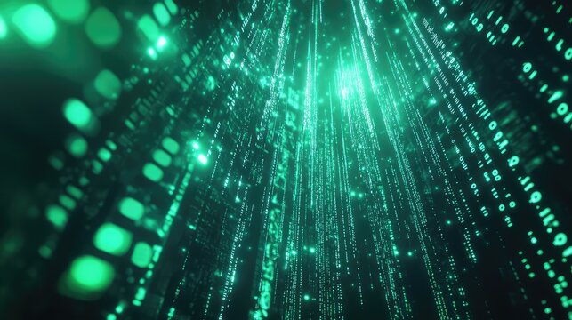Green binary code and data lines are flowing downwards, creating an abstract tunnel representing digital information, network technology, and computer security concepts in a cyberspace environment - Powered by Adobe