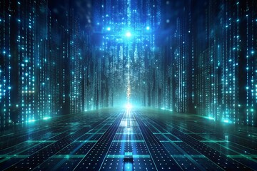 Futuristic digital tunnel with glowing blue lights and data streams