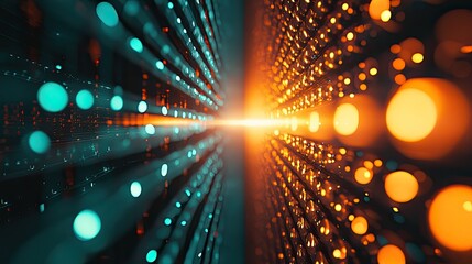 Digital data flowing through abstract tunnels, presenting a vibrant dual tone array of interconnected points representing advanced technology, information exchange, and network communication