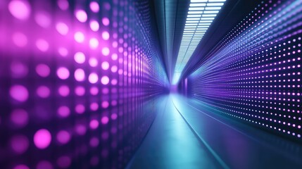 Digital tunnel creating an abstract futuristic pathway with vibrant glowing purple and blue lights, illustrating concepts of data flow, technology, connection, and speed