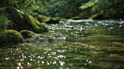 Fototapeta premium Flowing Spring River With Gentle Sparkles and Soft Green Blur Creating a Scenic View in Nature During Daytime