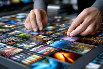 Person arranging printed photographs on a table in a creative workspace