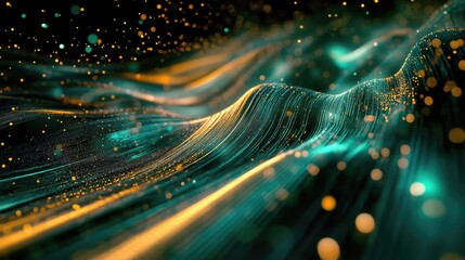 Digital particles and glowing lines form a flowing wave pattern evoking data streams, network connections, and futuristic technology in teal, gold and neon hues