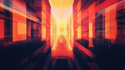 Vibrant orange red digital tunnel of translucent geometric panels and glowing lines, conveying speed, depth and futuristic cyberspace flow for data, network and ai concepts