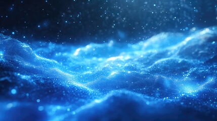 Obraz premium Abstract background showing bright blue particles creating undulating waves, representing flowing digital information, energy, and interconnected networks in a futuristic and technological concept