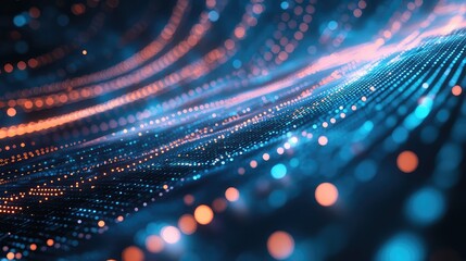 Abstract network surface moving with glowing particles and vibrant light paths illustrating concepts of digital data flow, global connection, technology, and communication