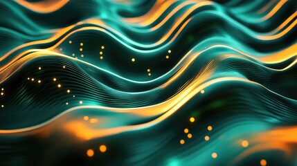 Abstract digital wave pattern showing fluid lines in teal and orange hues illuminated by glowing particles, representing data flow and connectivity in a futuristic network