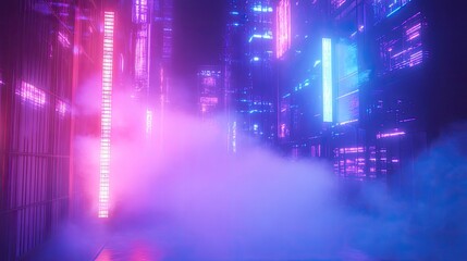 Futuristic skyscrapers illuminate a dark urban alley, casting vibrant neon pink and blue light through a thick layer of mysterious fog, creating a dynamic, atmospheric, and abstract environment
